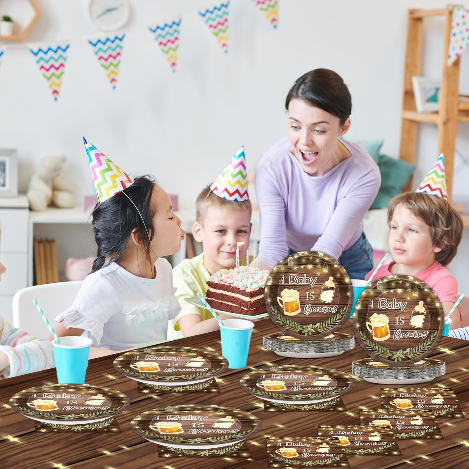 49Pcs A Baby is Brewing Baby Shower Decorations Baby Shower Plates Napkins and Tablecloth for Birthday Party Disposable Tableware Set Beer Party Table Decorations Favors Serves 24 Guests