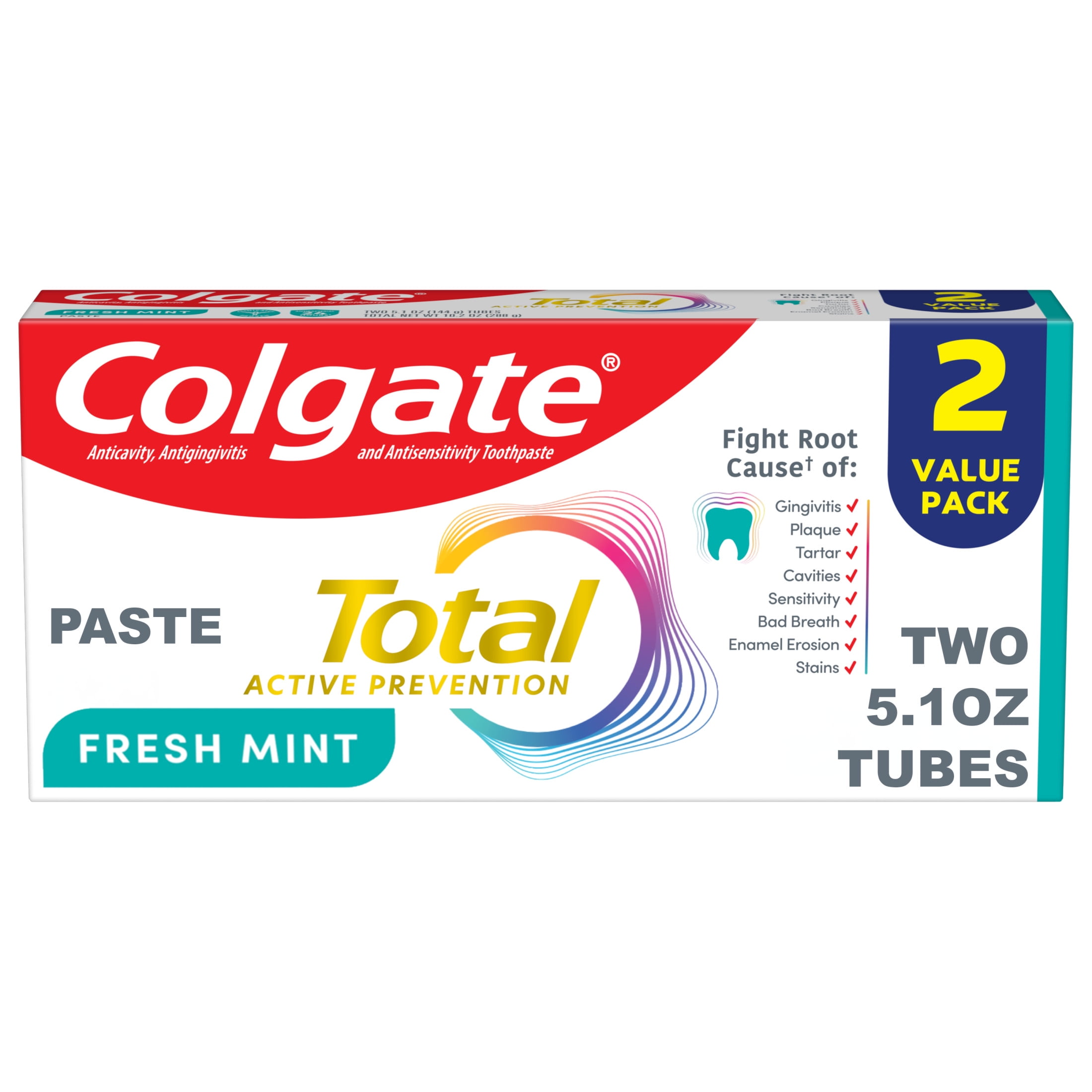 (6 pack) Colgate Total Active Prevention Fresh Mint Toothpaste, 2 Pack, 5.1 oz