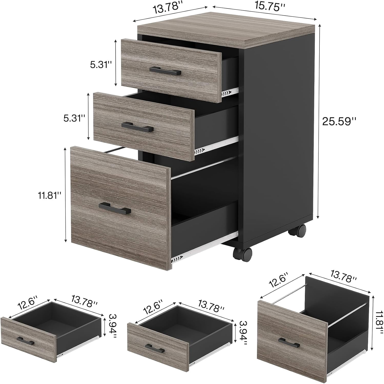 Triebsigns 3 Drawer Rolling File Cabinet, Modern Wooden Office Filing Cabine for Home Office Under Desk (Gray)