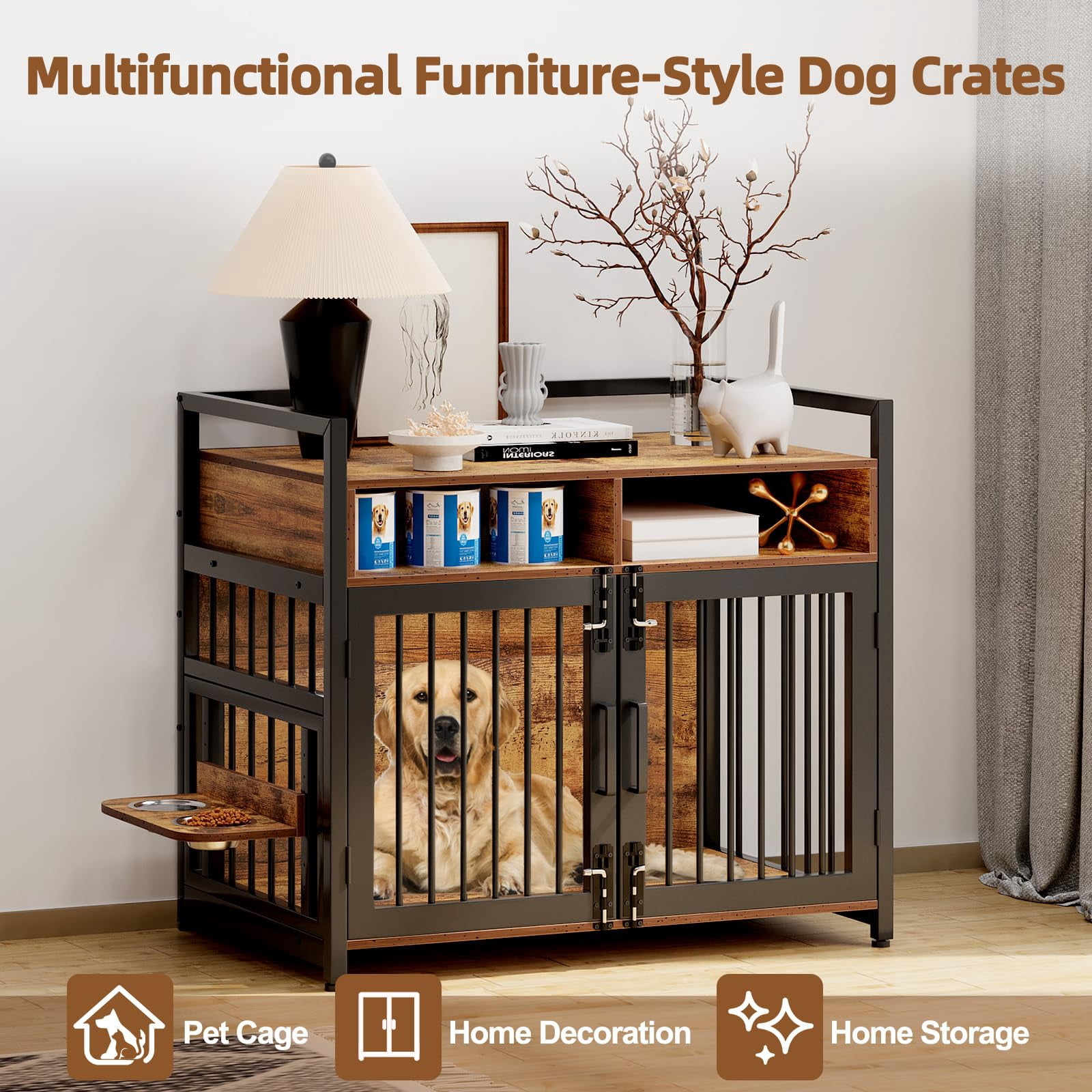 TROPOW 48 inch Large Dog Crate Furniture, Heavy Duty Wooden Dog Kennl with 2 Storage Drawers, 360° Adjustable Raised Feeder, Double Doors, Indoor Dog Crate for Large or Medium Dogs