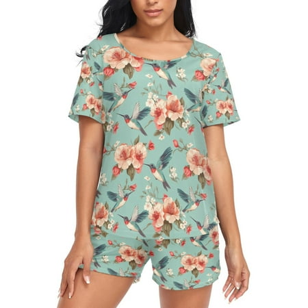 joogoo Women s Pajama Set Flowers Hibiscus Birds Short Sleepwear Loungewear with Pockets XL