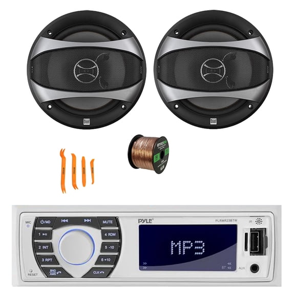 Pyle PLRMR23BTW Single DIN Bluetooth Marine MP3/USB/SD/AM/FM Stereo Receiver, 2x 6.5" 100 Watt Max Power 2-Way Car Audio Speakers with Wire, Dash Removal Tool