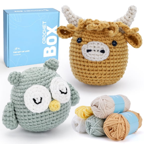 Kit de ganchillo CrochetBox Highland Cow and Owl para principiantes