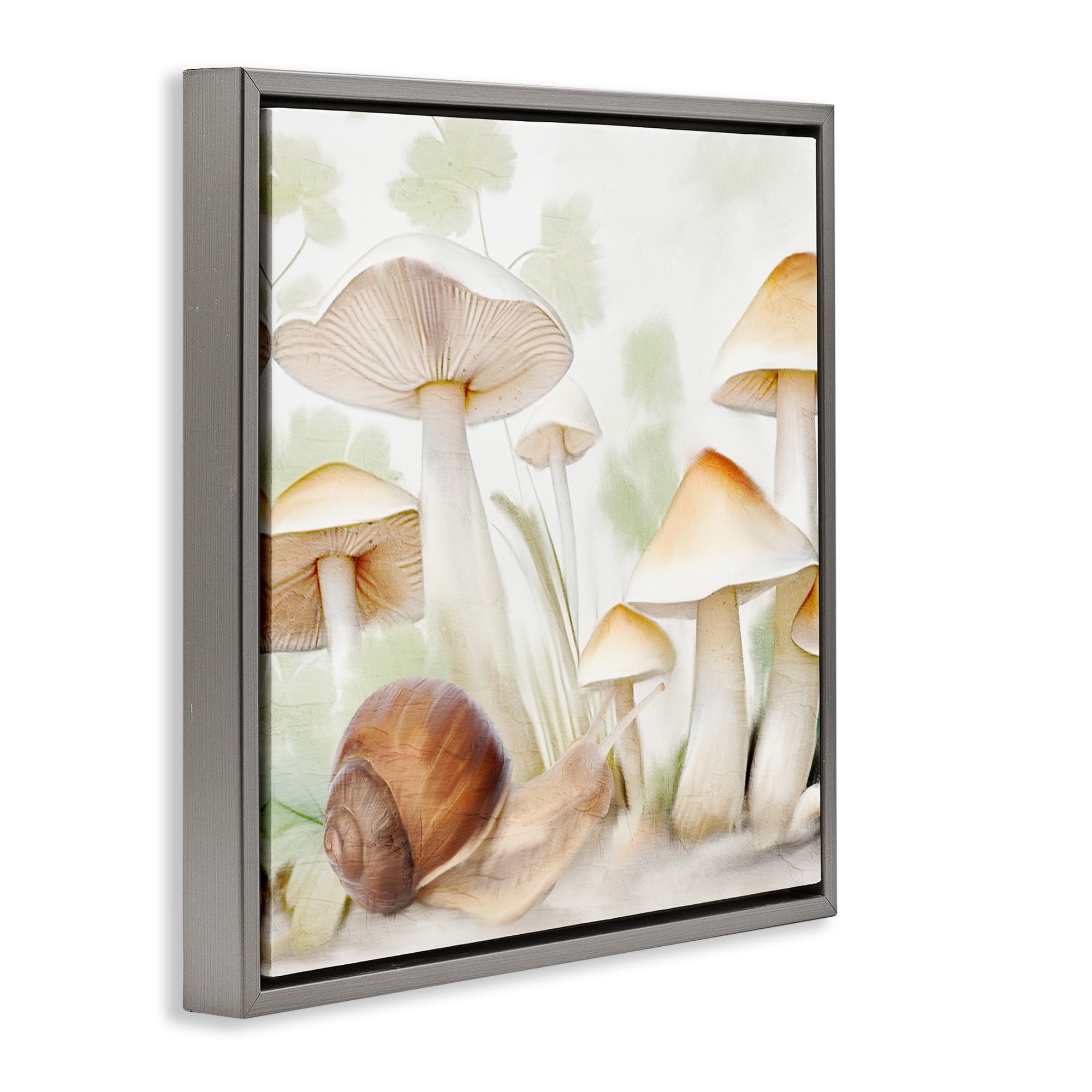 Stupell Industries Snail Among Mushrooms Plants & Flowers Painting Gray Floater Framed Canvas Art Print Wall Art, 25 x 25