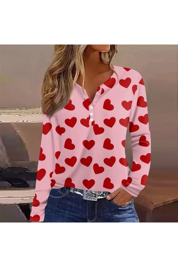 Women Valentines Shirts Henley Neck Long Sleeve Casual Heart Printed Fashion T Shirt 2026 Hot Pink S