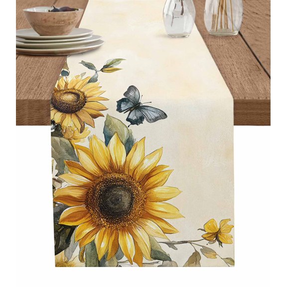 Ldtrchee Sunflower Table Runner 72 Inches, Butterfly Spring Floral Botanical Bed Runner Dresser Scarves Tabletop for Indoor Outdoor Parties/Ceremony/Banquet, 13" x 72"