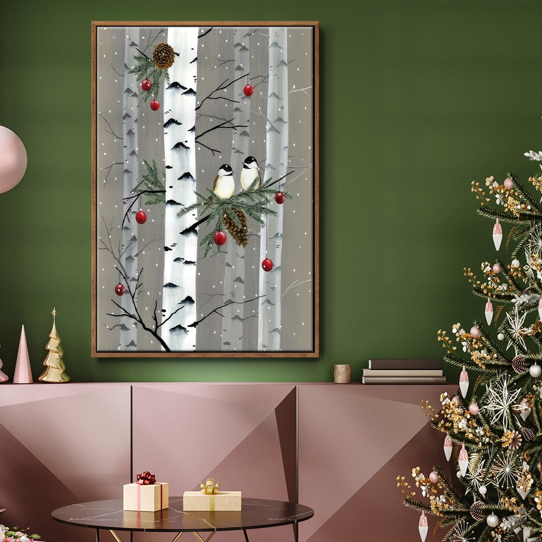 Birch Birds I - Framed Gallery Wrapped Holiday Canvas - 17 x 25 - Rosewood Frame