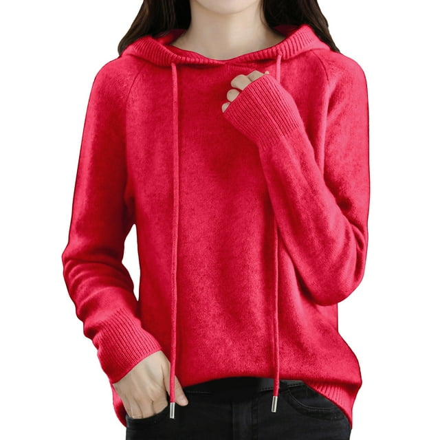 Fiaer Chandail à Capuche pour Femmes Automne Rouge Grande Taille Manches Longues Col en V Ample Chaud Tendance Tricoté Rouge m