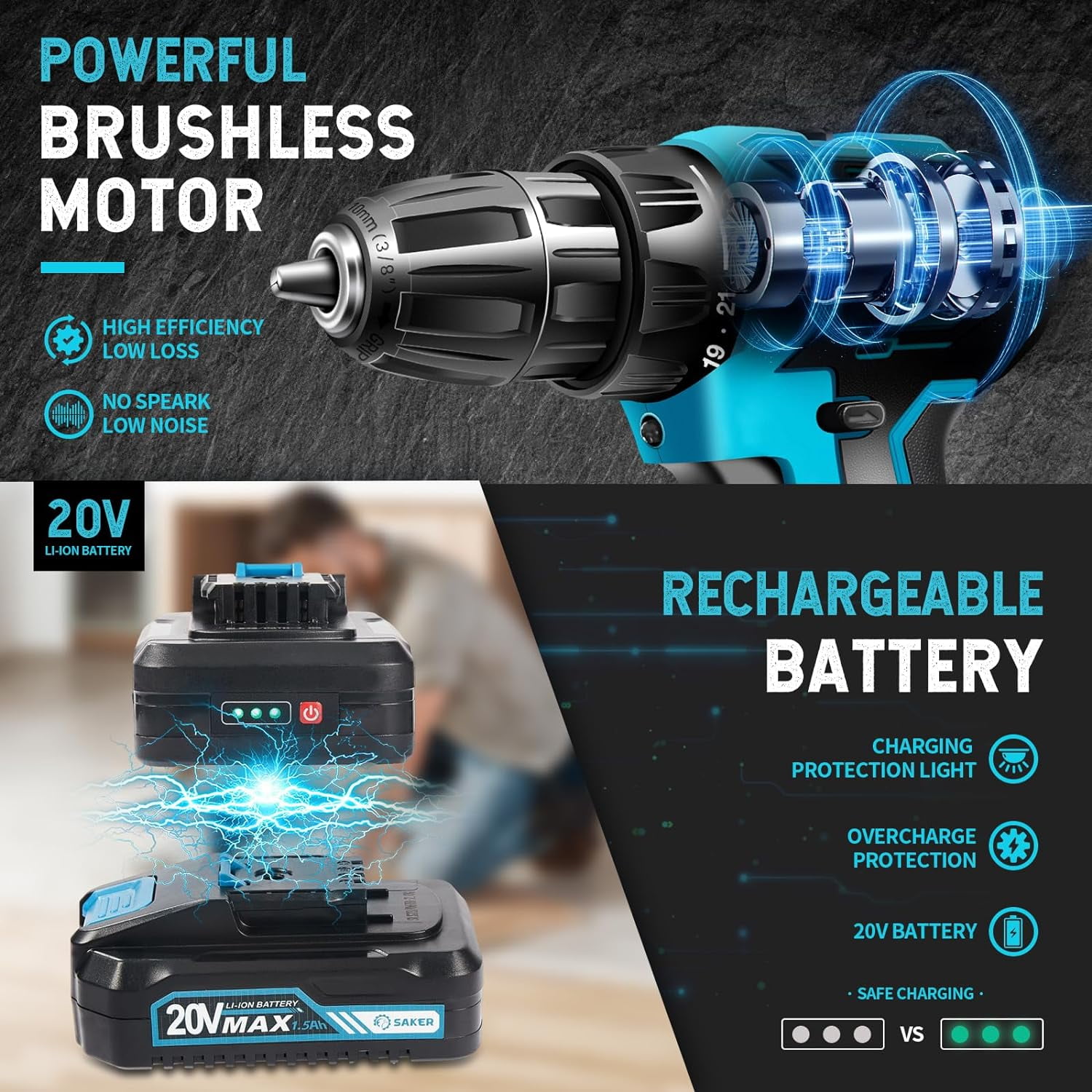 HOEY 21V Cordless Drill Set Electric Power Drill 34Pcs with 3/8 Inch Keyless Chuck 25+3