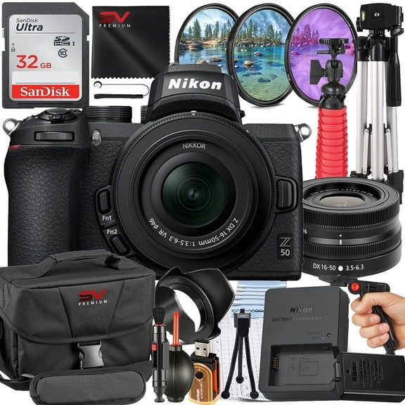 Nikon Z50 Mirrorless Camera with 16-50mm Lens   SanDisk 32GB Memory Card   Pistol Grip Tripod   SV Premium Accessory Bundle (International Version)