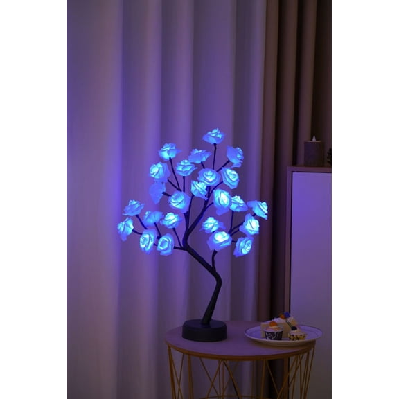 pathside Desktop Rose Bonsai Tree Light Lamp 24 LED Lighted Rose Tree Battery Operated USB Plug Powered DIY Bonsai Decor,Valentine's Day Decoration Light for Indoor Modern Home Decor (Blue)