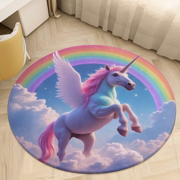 Unicorn with Rainbow Wings Round Area Rugs for Bedroom Living Room, 3FT Soft Indoor Circle Carpets, Carpet Home Decor Floor Mat