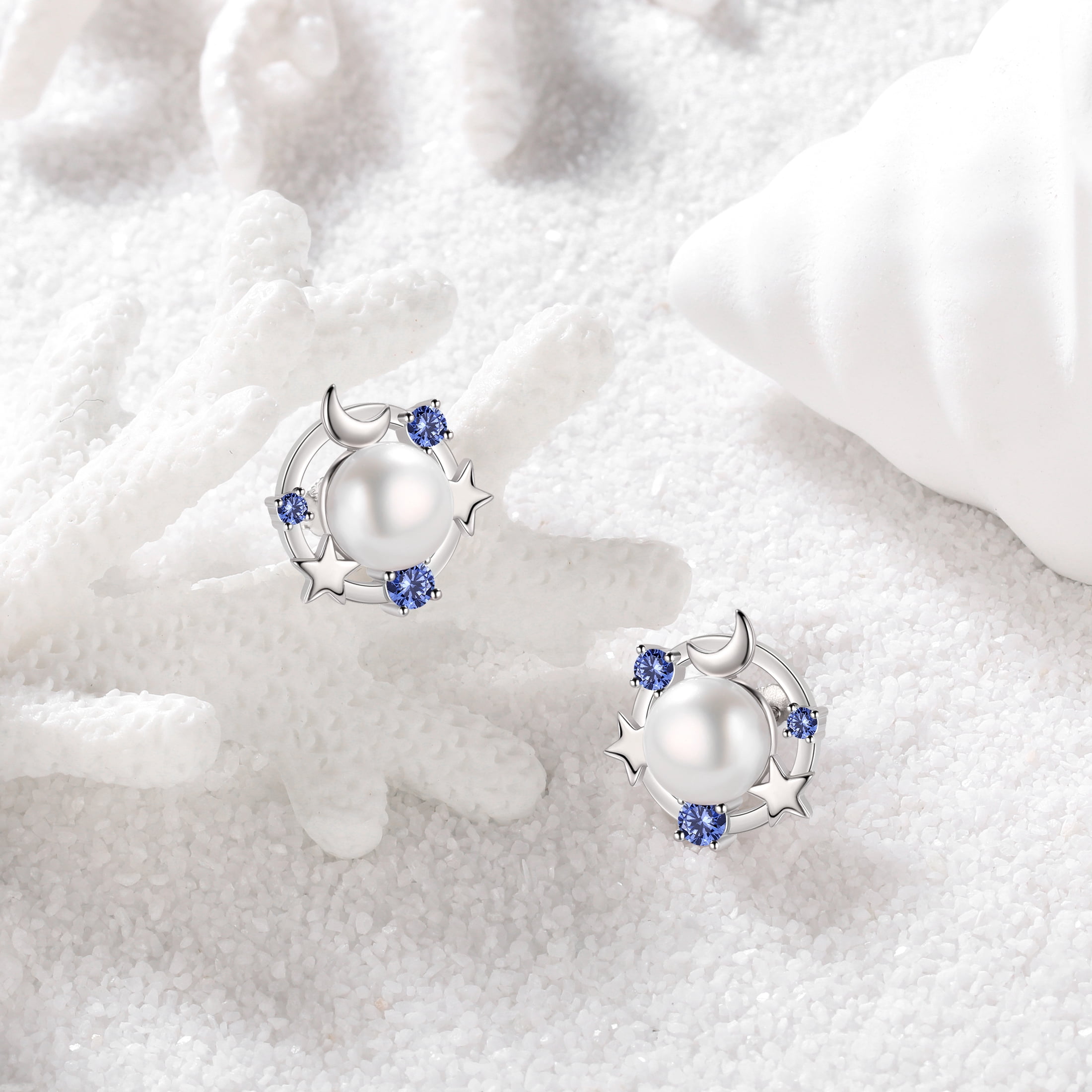 Beautlace 925 Sterling Silver Moon Star Stud Earrings, Natural Pearl Birthstone Earrings Jewelry,Birthday Christmas Anniversary Gift for Women/Mom/Wife