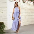 thumbnail image 6 of IUZSOKIL Sundresses for Women Maxi Sleeveless Halter Tie Back Ruffle Tiered Maxi Beach Built in Bra Dress Flowy Pleated Dresses Light Purple M, 6 of 9