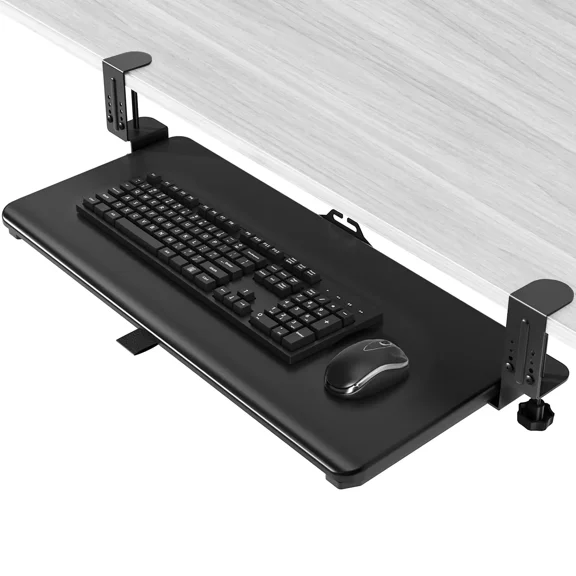 Under Desk Keyboard Tray, 25.6" Extendable Keyboard Tray with 4-Level Height Adjustment, Clamp-On Keyboard Drawer with Cable Management, Holds up to 11 LBS, Black