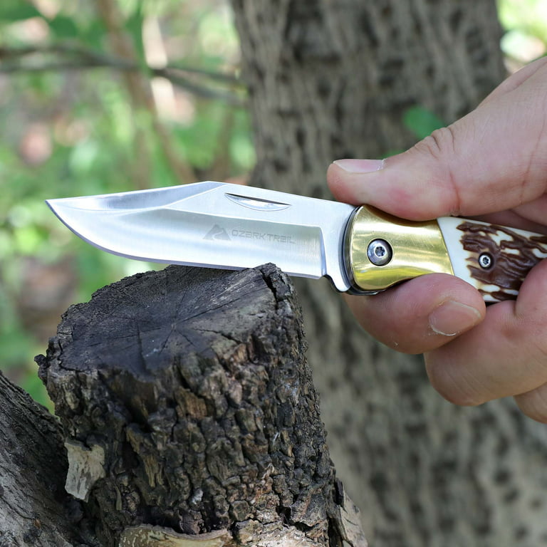 Ozark Trail Stag Finish Clip Pocket Knife, 3 Stainless Steel Blade, 4  Stag Handle 