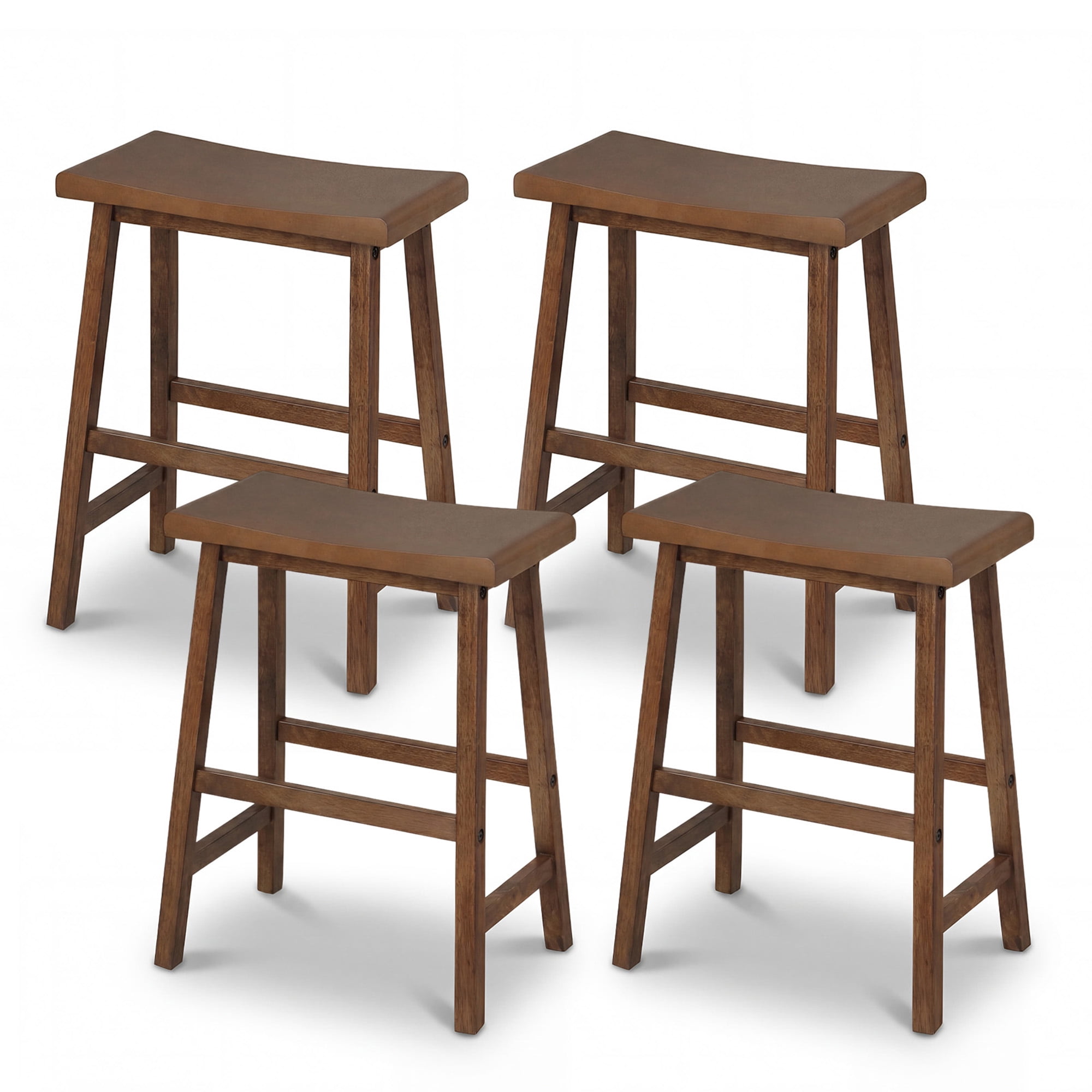 ELLEGNT 4 PCS Solid Wood Saddle Bar Stools - Backless with Footrests, Wooden Counter Stools Brown