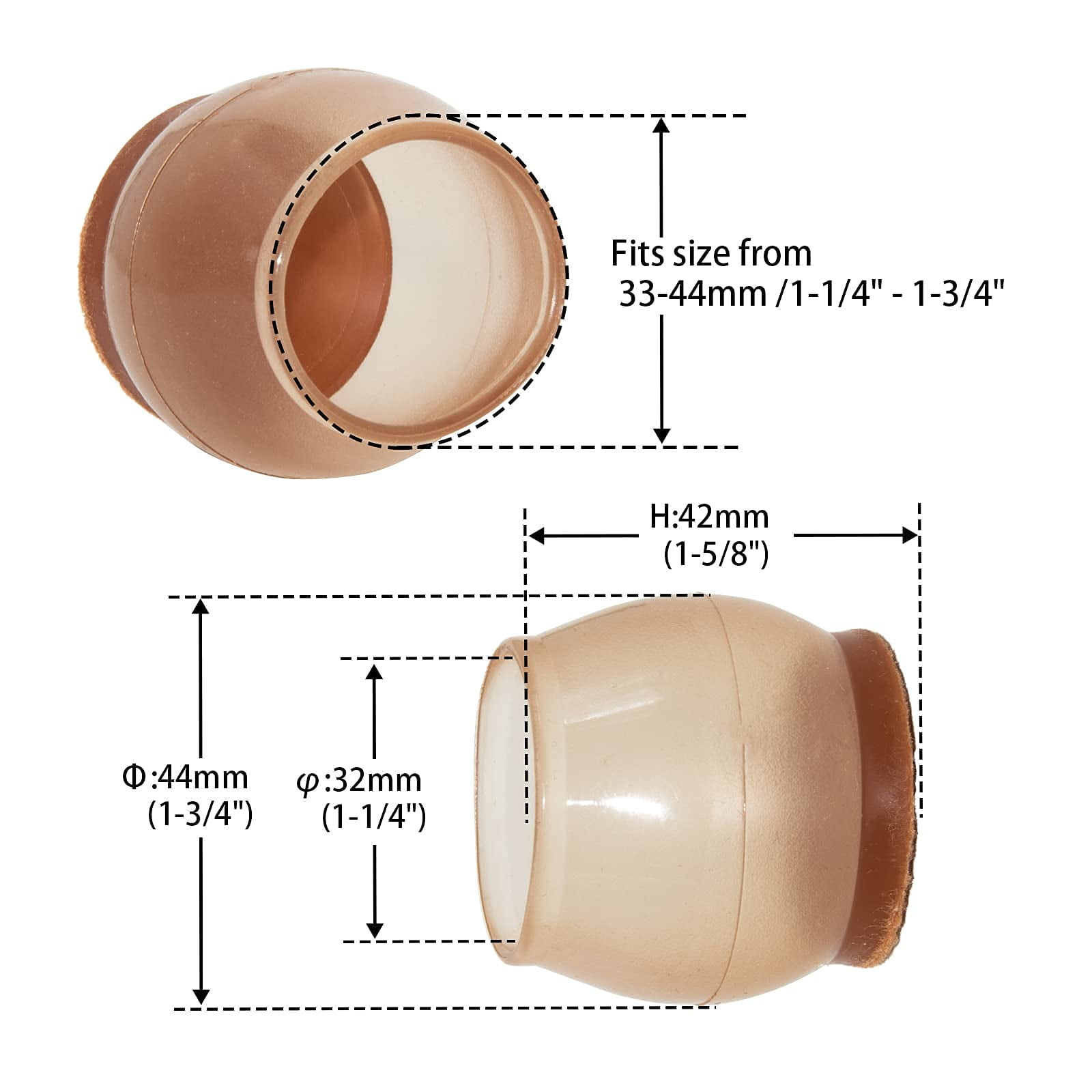Flyshop 8PCS Round Chair Leg Caps with Felt Pads Durable Chair Leg Floor Protectors for Hardwood Floor Prevent Scratches Reduce Noise, Brown Protective Caps, 33 to 44 mm
