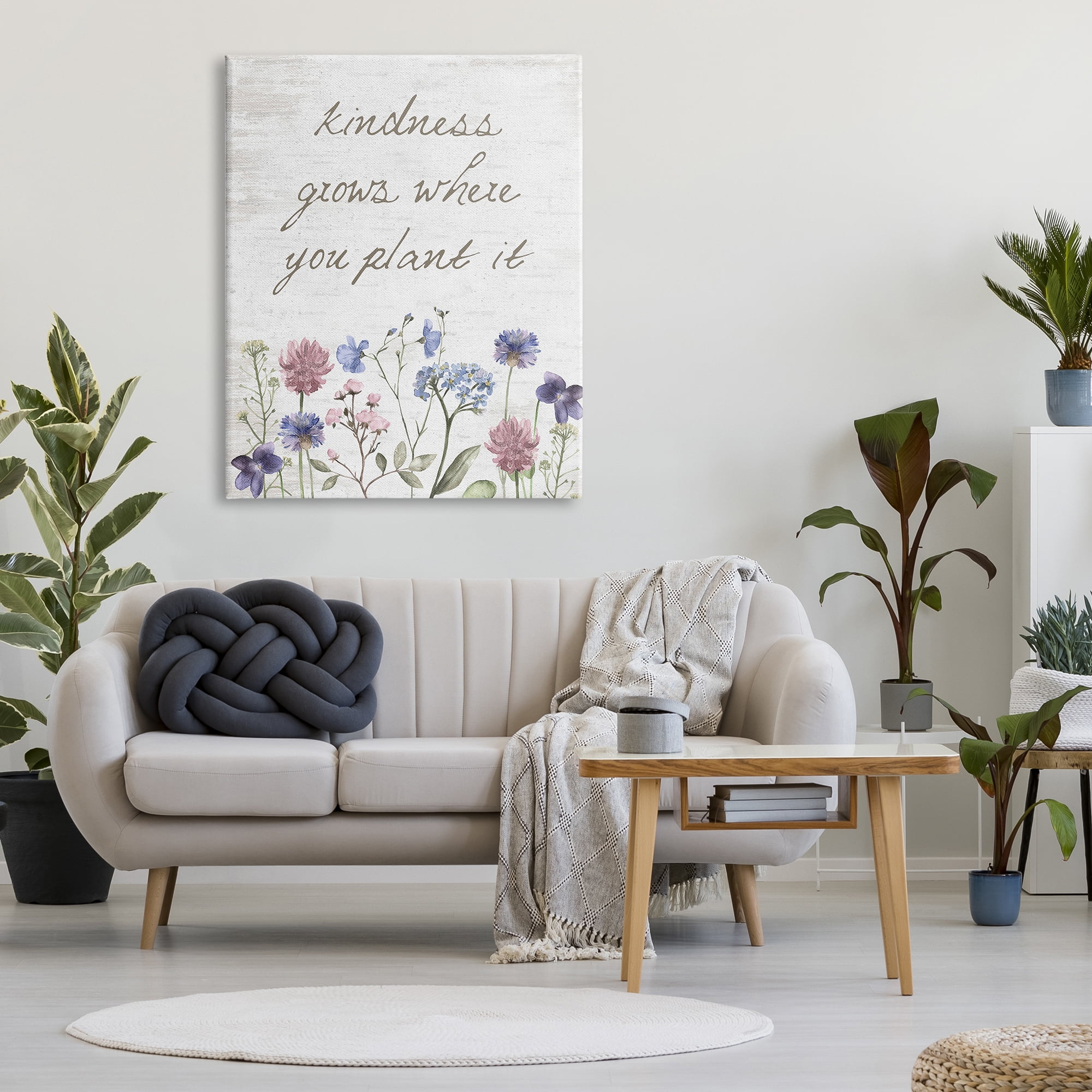 Stupell Industries Kindness Grows Blooming Florals Rustic Grain Pattern Graphic Art Gallery Wrapped Canvas Print Wall Art, Design by Lettered and Lined