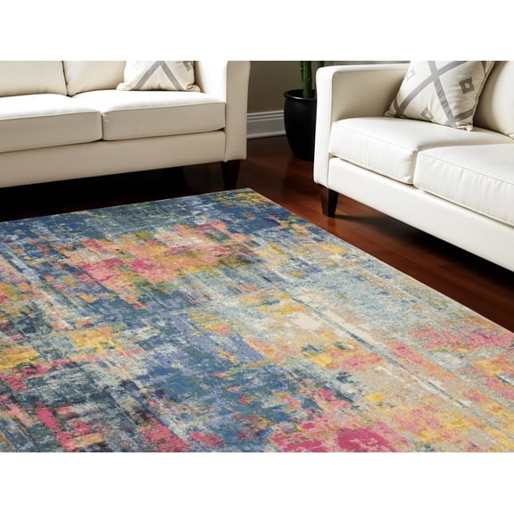 10' X 14' Blue and Yellow Abstract Power Loom Area Rug