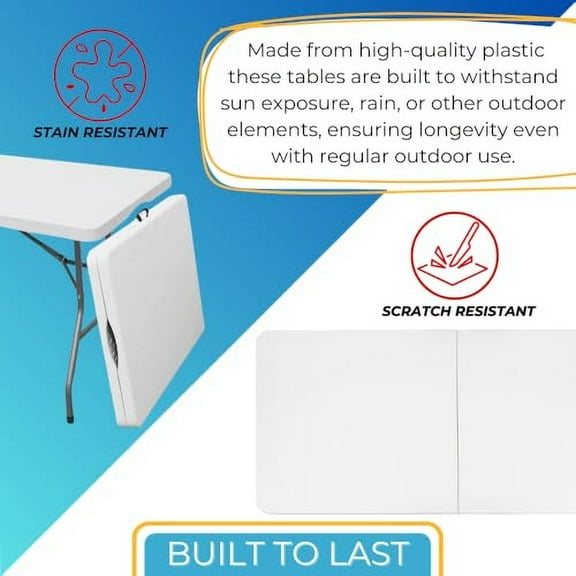 Ezone 6ft Indoor Outdoor Heavy Duty Portable Folding Plastic Dining Table w/Handle, Lock for Picnic, Party, Camping - White (6 Ft)