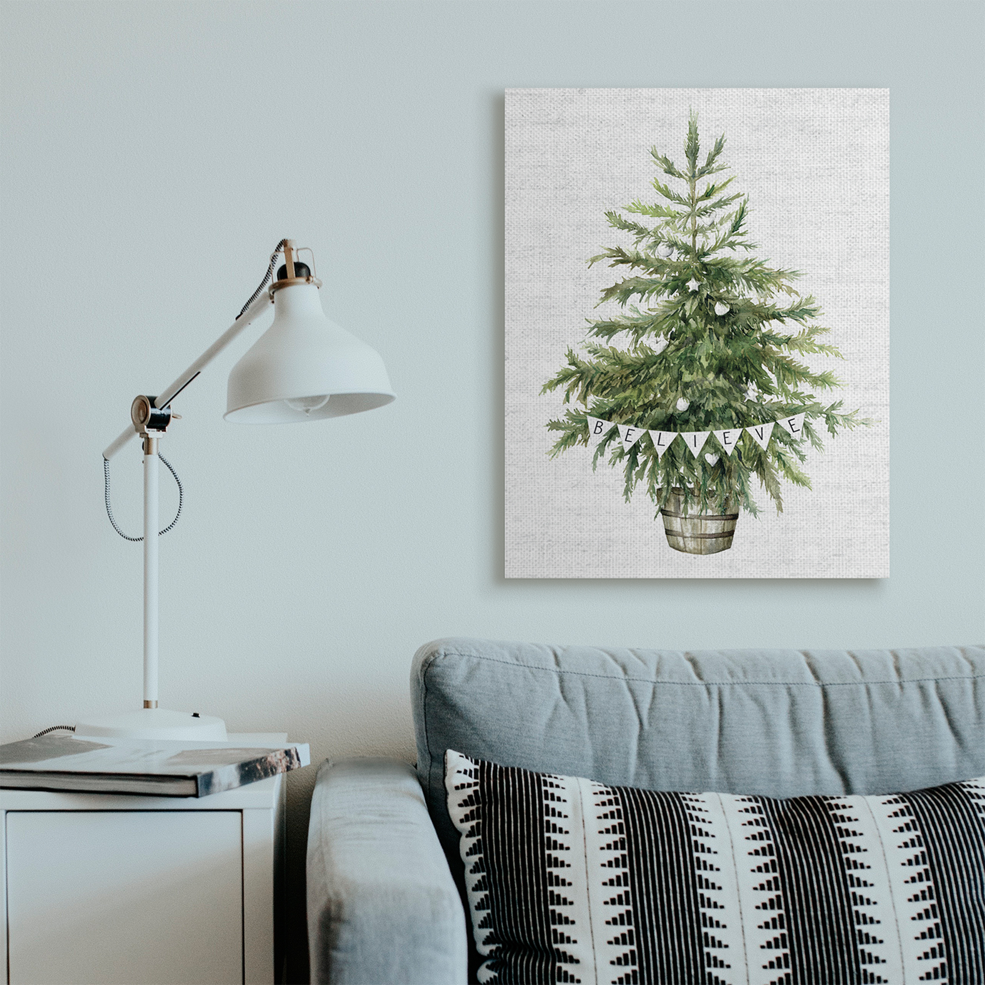 Stupell Industries Holiday Green Fir Tree with Believe Phrase Holiday Painting Gallery Wrapped Canvas Art Print Wall Art, 30 x 40