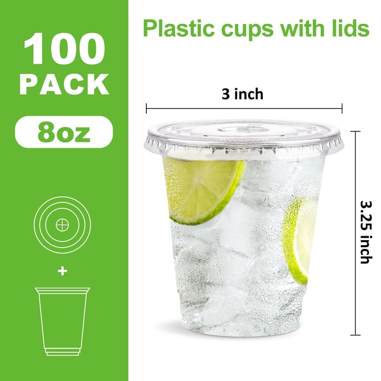 BagDream 8 oz Clear Plastic Cups With Flat Lids, 100 Pack Disposable Iced Coffee Cups for Smoothie, Milkshake, Iced Coffee, Cold Drinks, Party
