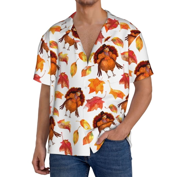 Balery Thanksgiving Turkey Leaves Camisa Casual de Manga Corta con Botones para Hombre, Texturizada, Estilo Cubano, para Playa, Verano-Medium