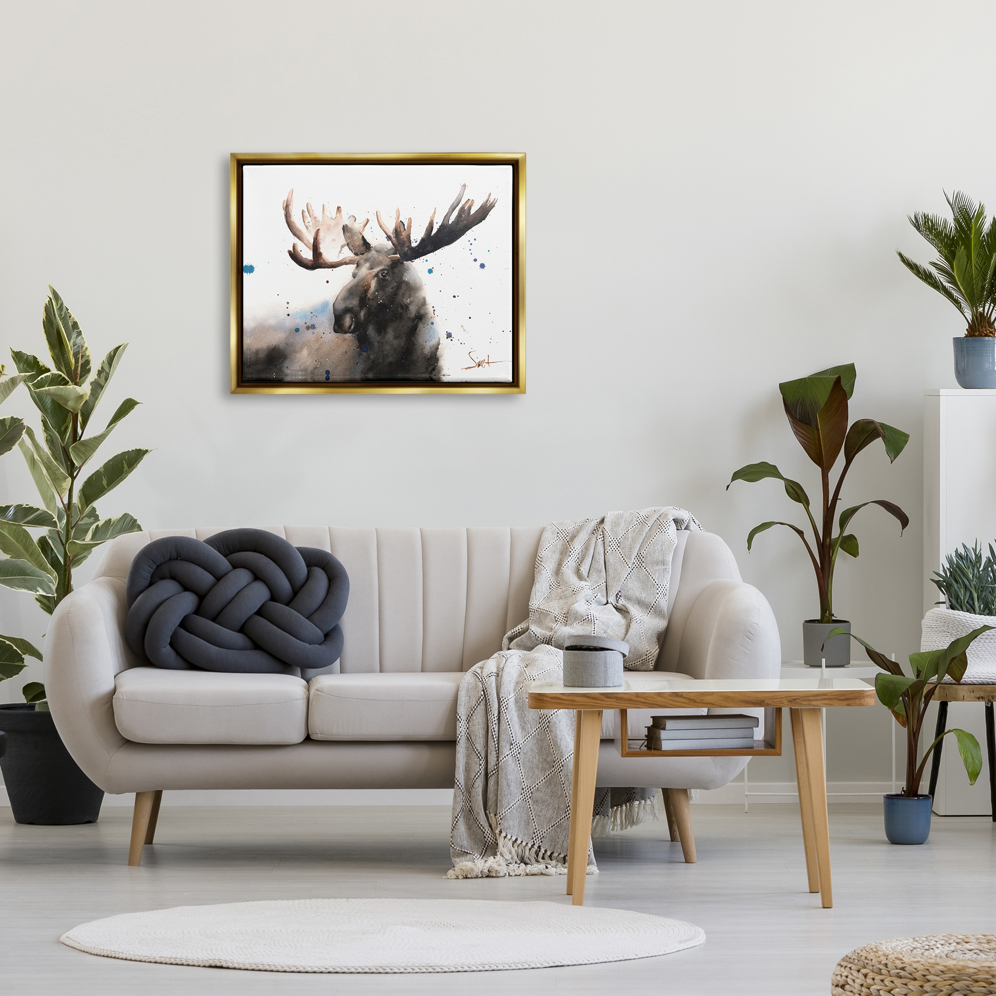 Stupell Industries Majestic Moose Watercolor Painting with Blue Splatter Metallic Gold Framed Floating Canvas Wall Art, 24x30, by Eric Sweet