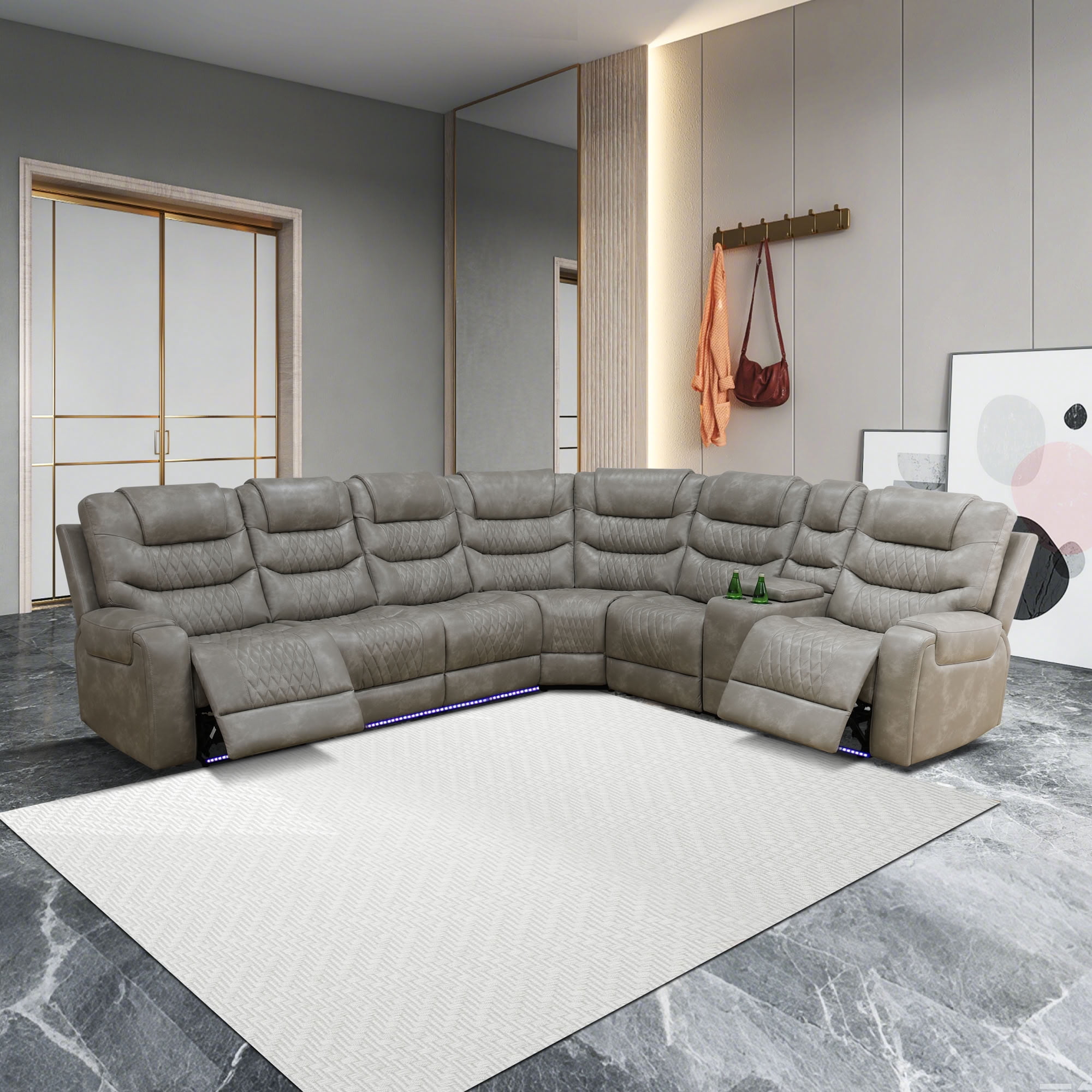 MAYEERTY Power Reclining L-Shaped Sectional Sofa, Leather Recliner with USB Charging, LED Lights & Storage for Living Room