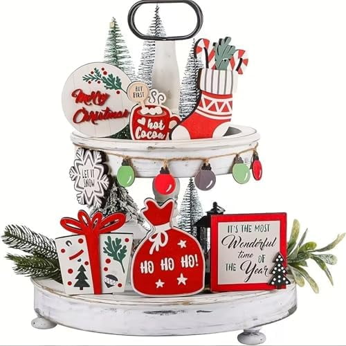 Christmas Tiered Tray Decor Farmhouse House Tray Decorations Christmas Stockings Gift Box Wooden Signs Rustic Merry Xmas Decorations for Xmas Winter Home Table Centerpiece Decor (1pcs) 1pcs 1pcs