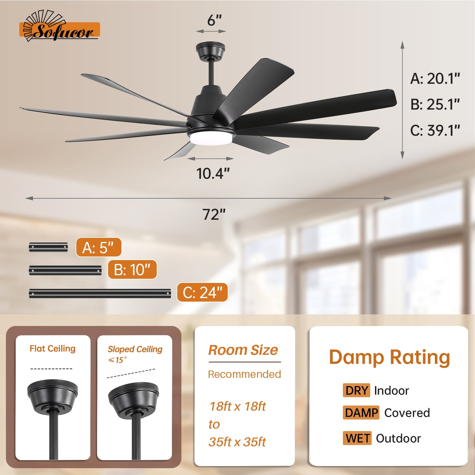 Sofucor 72 Inch Large Industrial Ceiling Fan with Light, Smart Fan with Remote & APP Control, Compatible with Alexa Google, Solid Wood 8 Blade, 3 Downrod