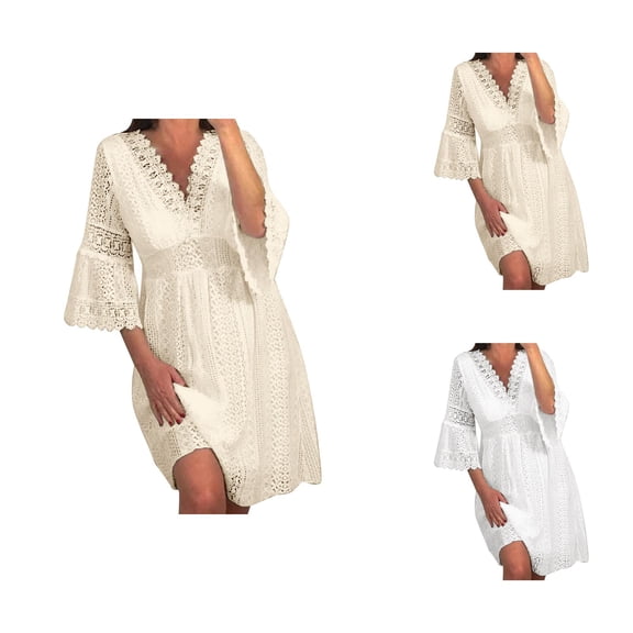 Evening Gowns for Women formal Wedding Guest Dresses for Women Solid Color 3/4 Sleeve Dress V Neck Hollow Lace Flare Sleeve Dress