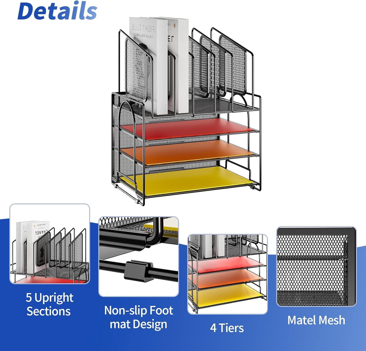 Marbrasse 4-Tier Mesh Desk File Organizer,5 Vertical File Holder and Handle for Home Office (New Vertical Holder-Black)