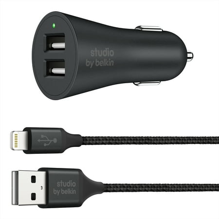 Studio by Belkin Dual Car Charger + Lightning to USB Cable for iPhone, Black (Best Iphone 4 Charger Cable)