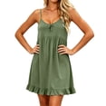 thumbnail image 3 of Women's V Neck Slip Dress Swing Ruffle Hem Dress with Bow Soft Breathable Relaxed Fit Loungewear Dresses for Women Olive Green S, 3 of 5