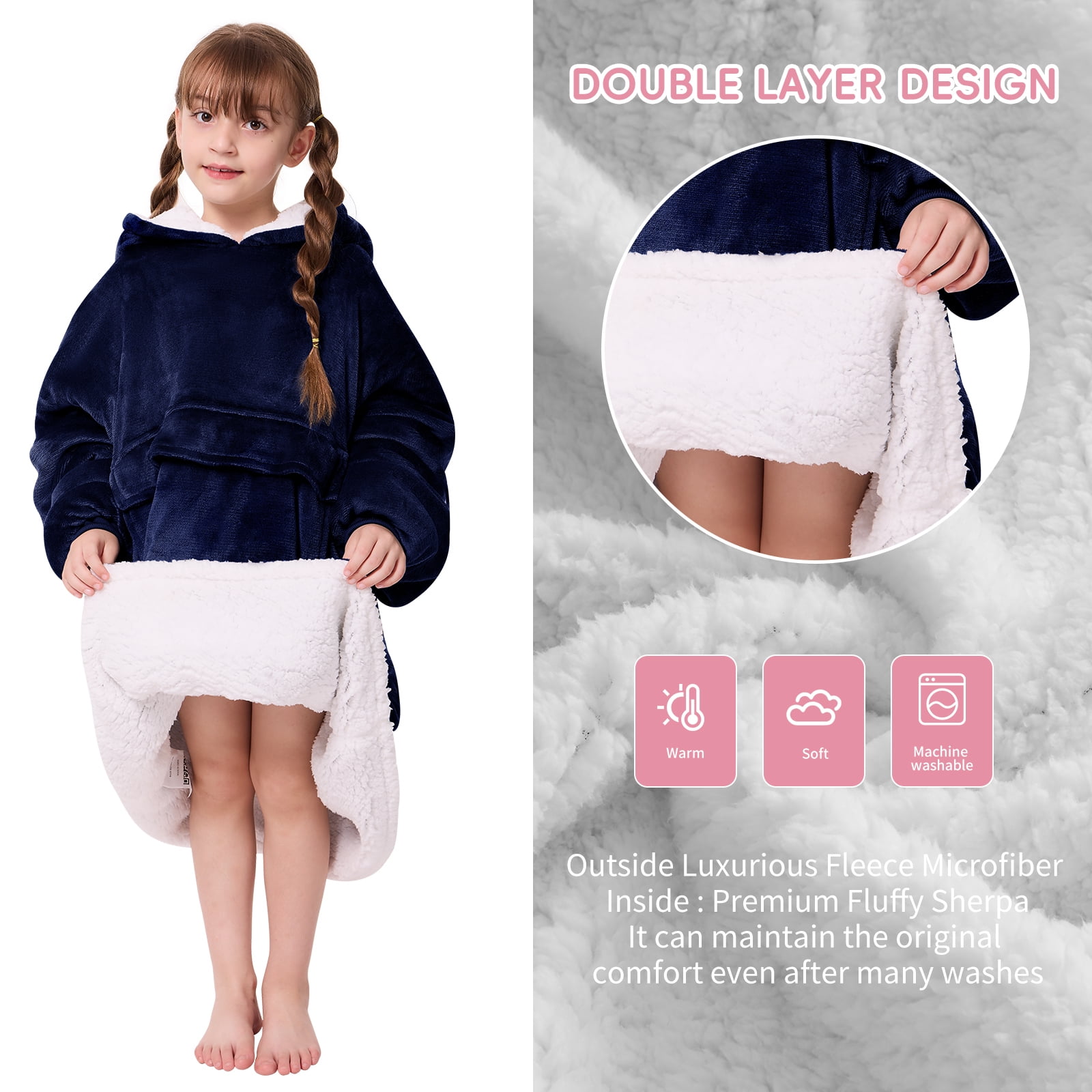 PMONPA Wearable Blanket Hoodie for Kids, Soft Double Layer Sherpa Fleece Sweatshirt,Teen Gifts for Kids, Youth, Boys, Girls, One Size, Blue
