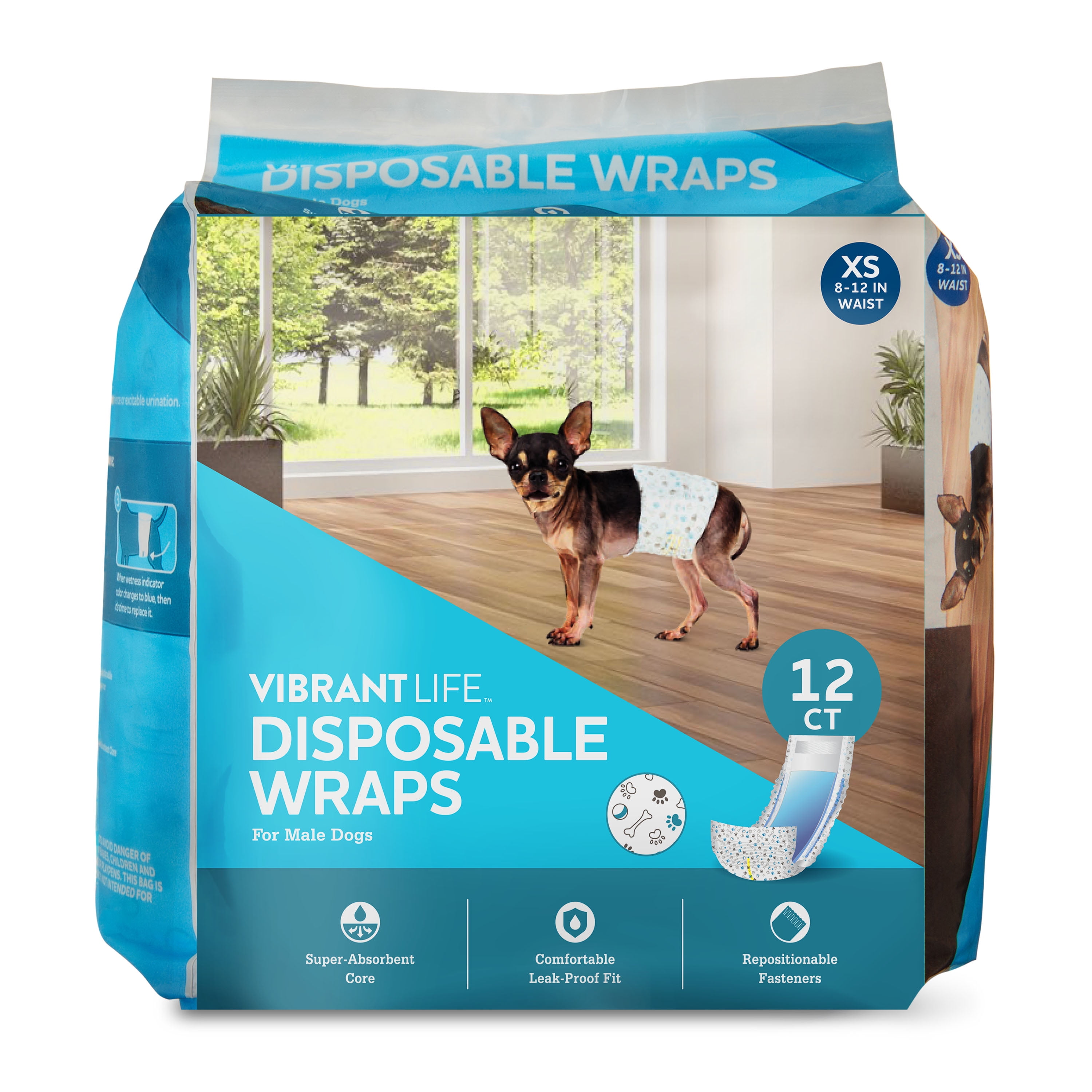 (6 pack) Vibrant Life Disposable Dog Wraps for Male Dogs, X-Small, 12 Count