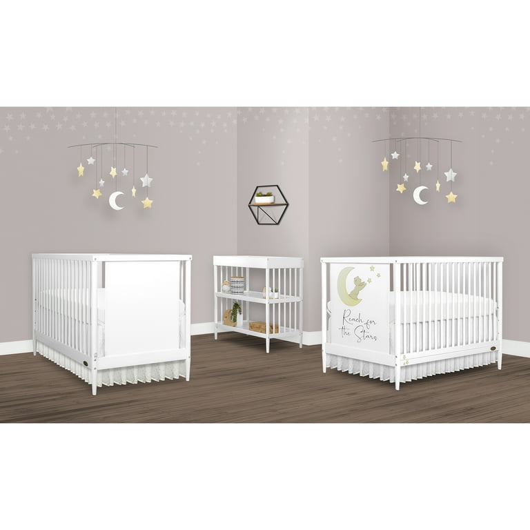 Dream on Me Moon Bear Reaching for The Stars 4-in-1 Modern Island Crib with Rounded Spindles, White