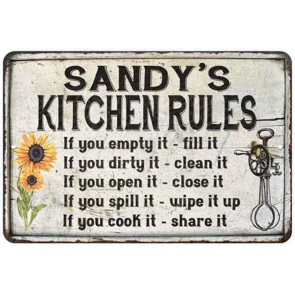 Sandy's Kitchen Rules Chic Sign Vintage Decor 8 x 12 High Gloss Metal 208120032325