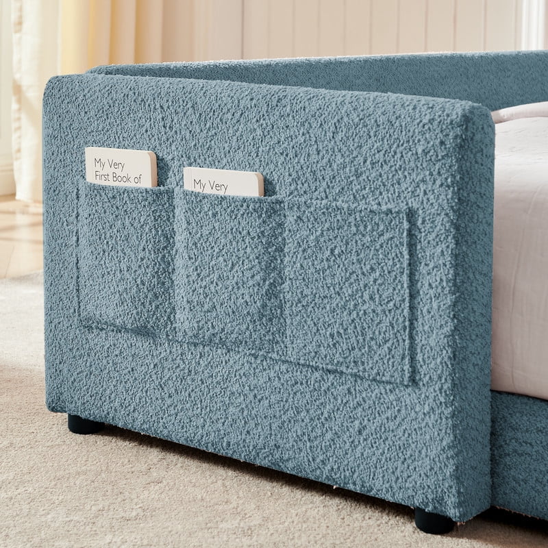 Full Size Upholstered Platform Bed with Rabbit Ear Shaped Headboard, Boucle Fabric Kids Bed with Side Pockets and Safety Guardrail, Space-Saving Corner Bed for Girls, Boys, Teenager