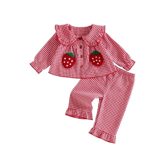 Loicainy Toddler Baby Girl Fall Outfits 6 9 12 18 24 Months 2T 3T Long Sleeve Strawberry Embroidered Plaid Tops and Pants 2 Pcs Clothes Set