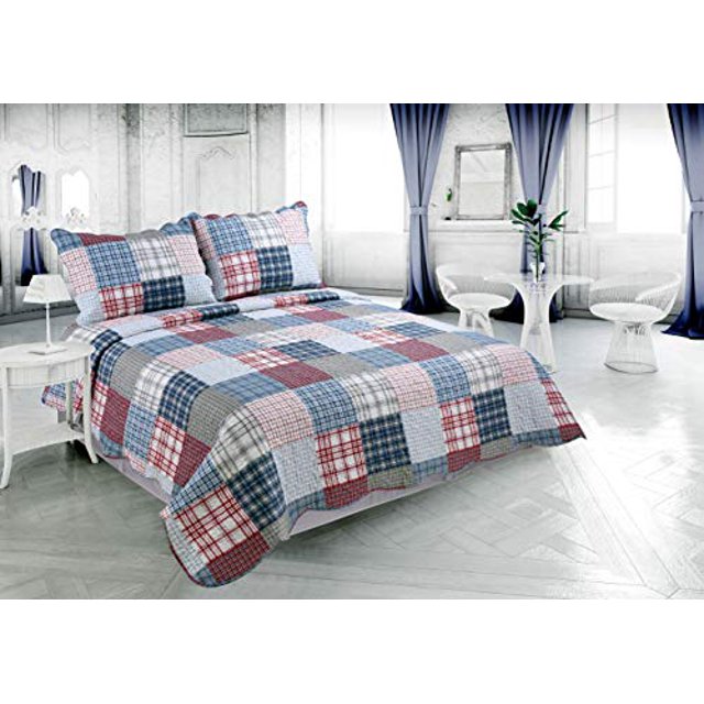 ultra soft summer quilt set featuring rich printed stitching coverlet and matching pillow shams in modern multi color plaid pattern on bed
