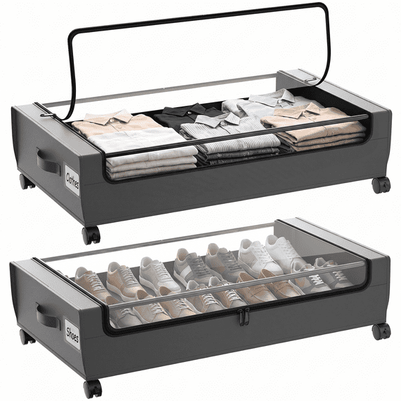 2-Pack Under Bed Storage with Wheels, Grey Under Bed Storage Containers, Underbed Shoe Storage Organizer, Rolling Under Bed Metal Drawers for Clothes, Blankets(31.5 x 17.3 x 6.8 in)