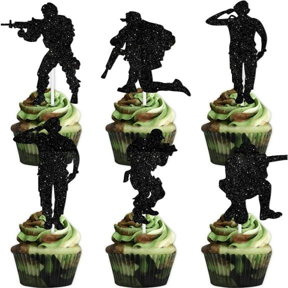 10pcs Black Glitter Dessert Cupcake Topper for Military Soldier Theme Decor Supplies Baby Shower Boy Girl Happy Birthday Party Decorations