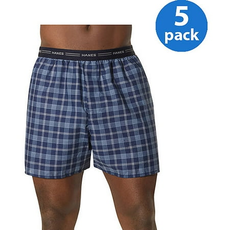 Plaid Woven Boxer Shorts - Men's Comfort Flex Exposed Waistband Blue Plaid Boxer 5-Pack