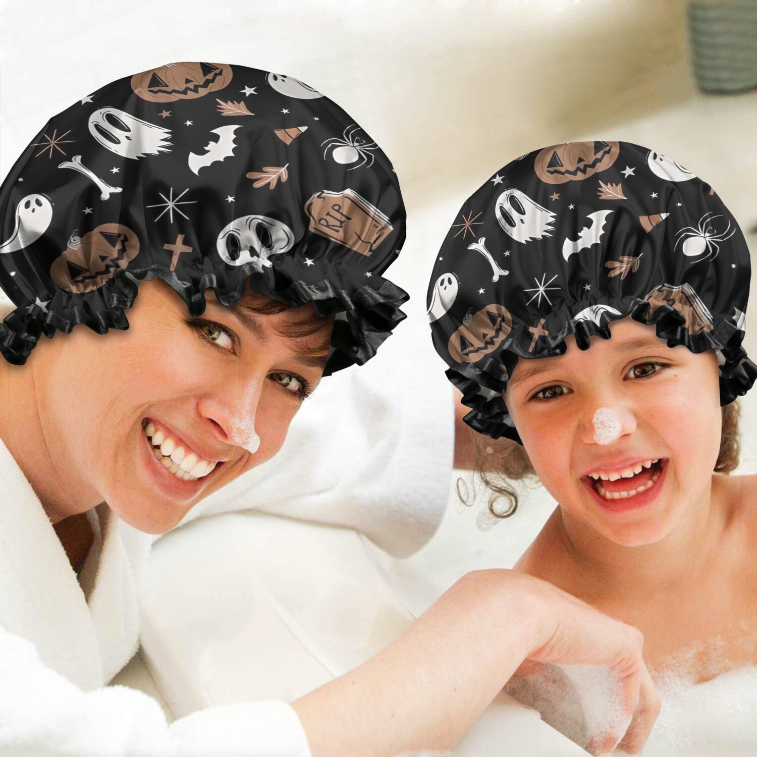 Shower Caps,Vintage Halloween Pattern Waterproof Shower Cap for Women 4 Pieces,Double Reusable Hair Cover for Shower PEVA Elastic Stretch Hem