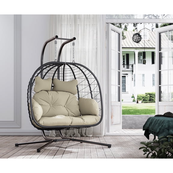 LHBcraft Double Wicker Swing Egg Chair Hammock Foldable Hanging Loveseat with Stand, UV Resistant Removable Cushions, 700LBS Capacity for Bedroom, Balcony (Black and Beige)