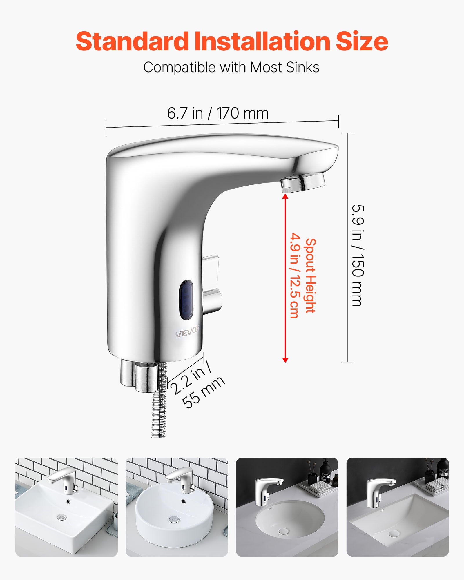 VEVOR Touchless Bathroom Sink Faucet, Automatic Motion Sensor Restroom Toilet Faucet, HandsFree Adjustable Cold Hot Single Handle Water Mixer Battery Operated for 9/16 in Pipe,Chrome Plated Silver