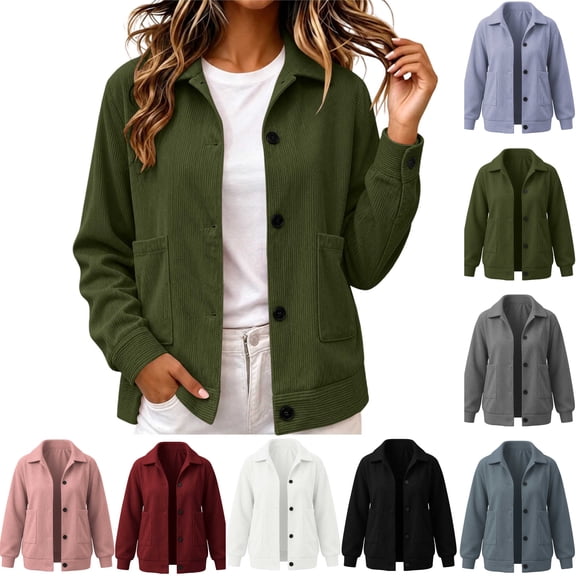 Tsivenald Womens Corduroy Shacket Button Down Long Sleeve Collared Neck Jacket Ribbed Knit Coat with Pockets Casual Loose Fall Winter Outerwear